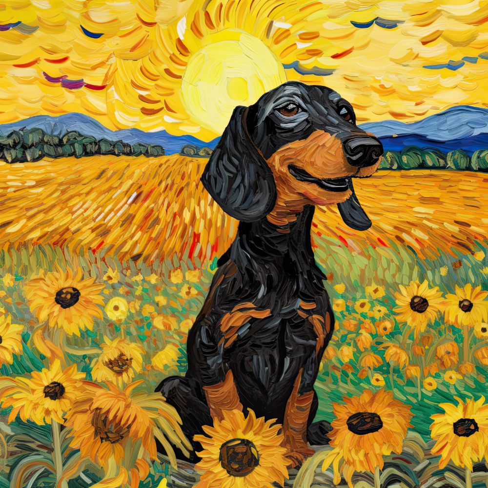 Dachshund Black and Tan Smiling in Sunflower Field Premium Canvas Wall Art