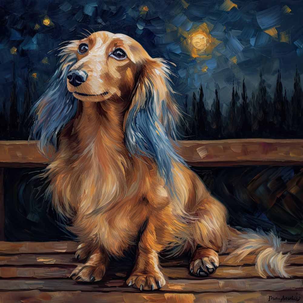 Dachshund Long-haired Country Starry Night Premium Canvas Wall Art