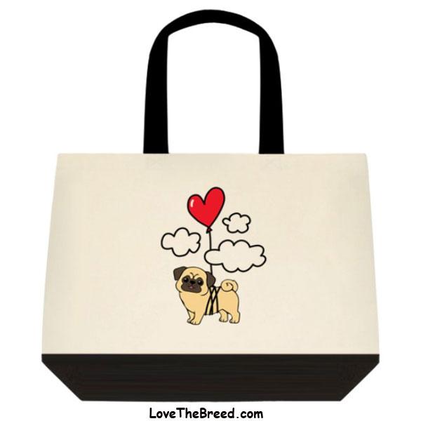 Pug Up Up and Away Heart Balloon Extra Large Tote