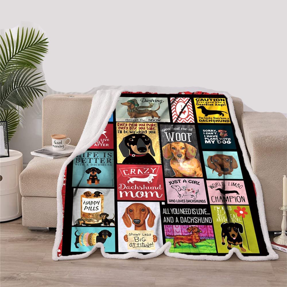 Crazy Dachshund Mom Sherpa Patchwork Quilt Throw Blanket