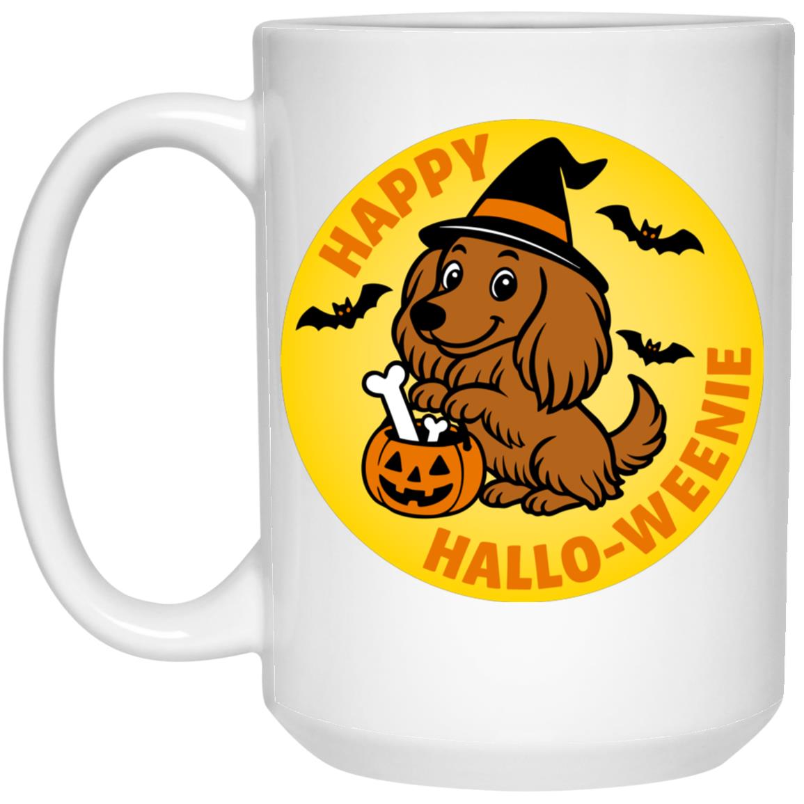 CustomCat Apparel 11 oz. White Mug / White Dachshund Halloweenie Long Hair Brown/Red Mugs