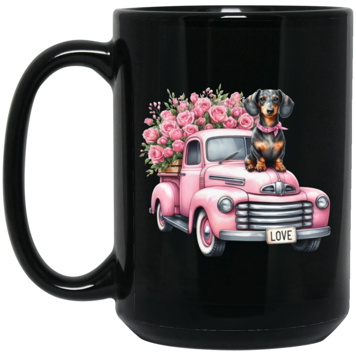 CustomCat Mugs 15 oz. Black Mug / Black Dachshund Love Truck Mugs