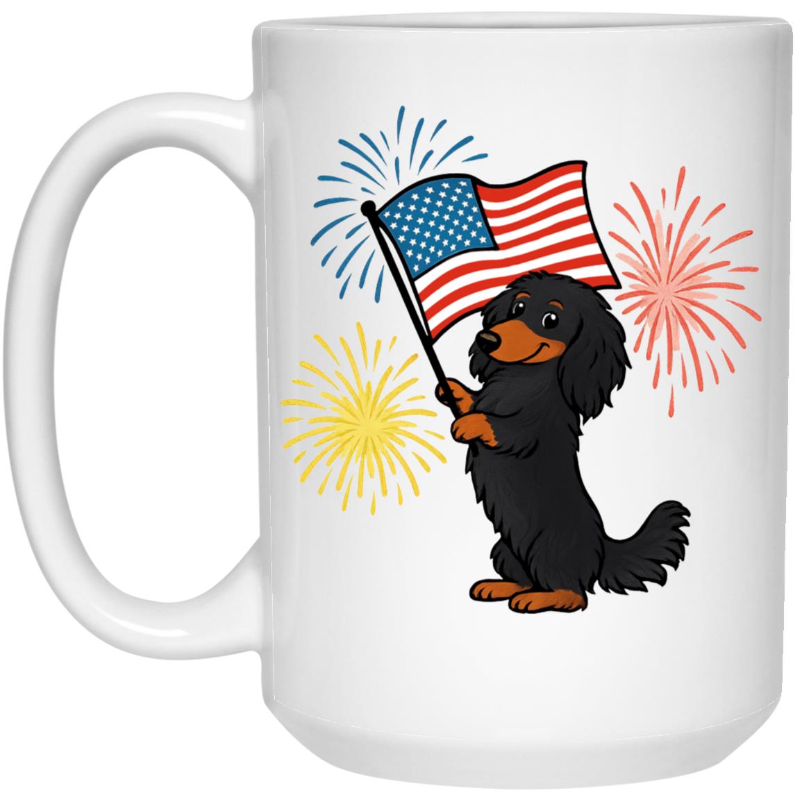 CustomCat Mugs 11oz White Mug Dachshund Black & Tan Long-haired – Patriotic Mugs with American Flag & Fireworks