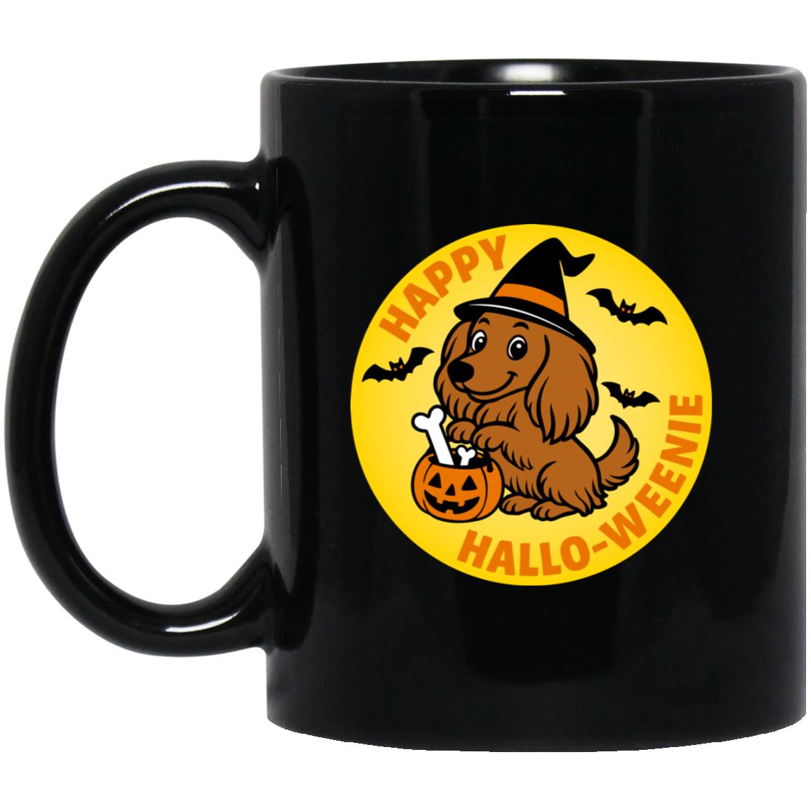 CustomCat Mugs 11oz Black Mug Halloweenie Long Hair Brown/Red Mugs