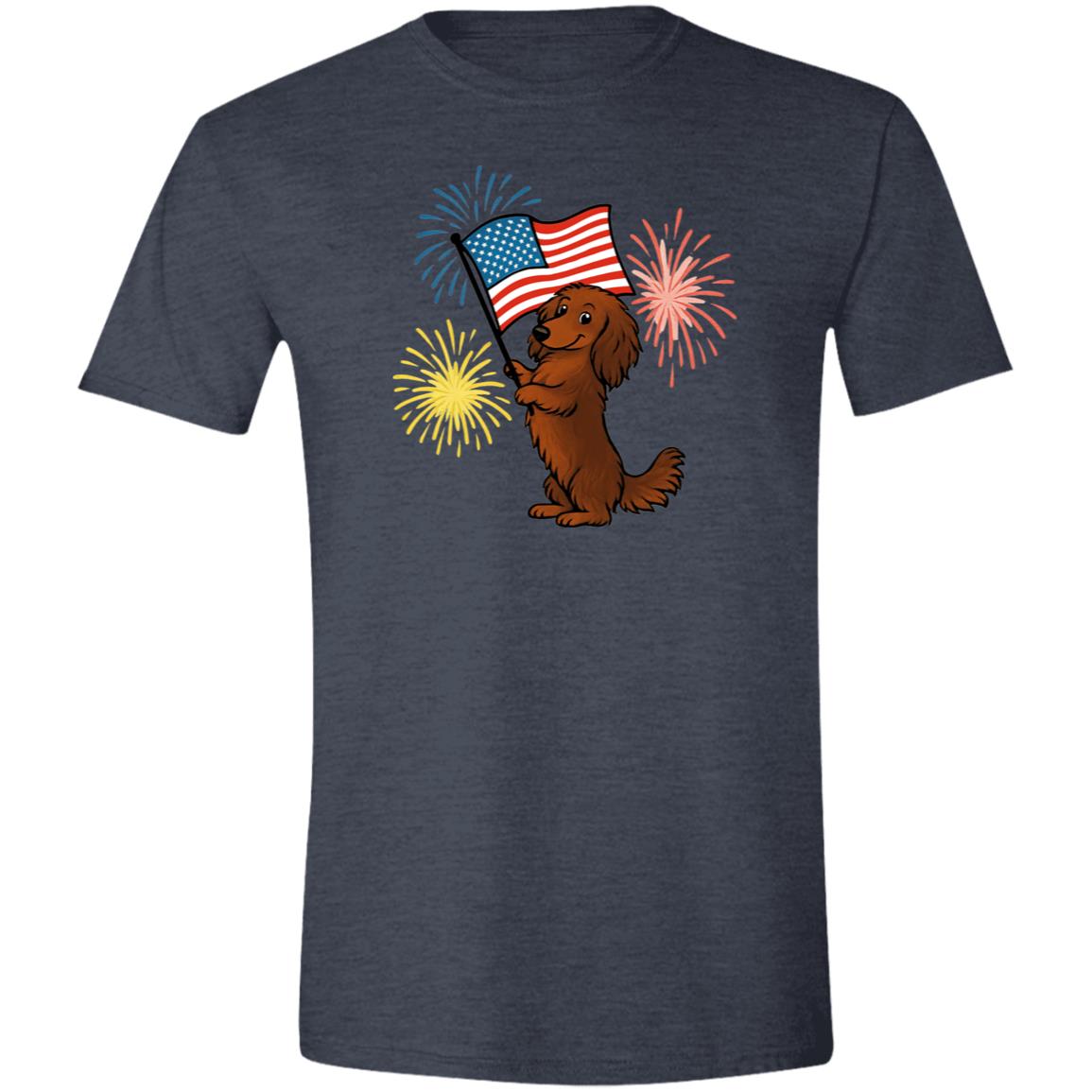 CustomCat T-Shirts Heather Navy / X-Small Dachshund Brown Long-haired – Patriotic T-Shirt with American Flag & Fireworks
