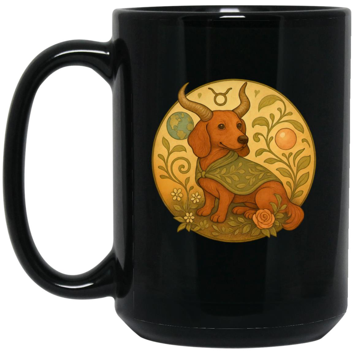 CustomCat Mugs 15oz Black Mug Taurus Dachshund Zodiac Mugs