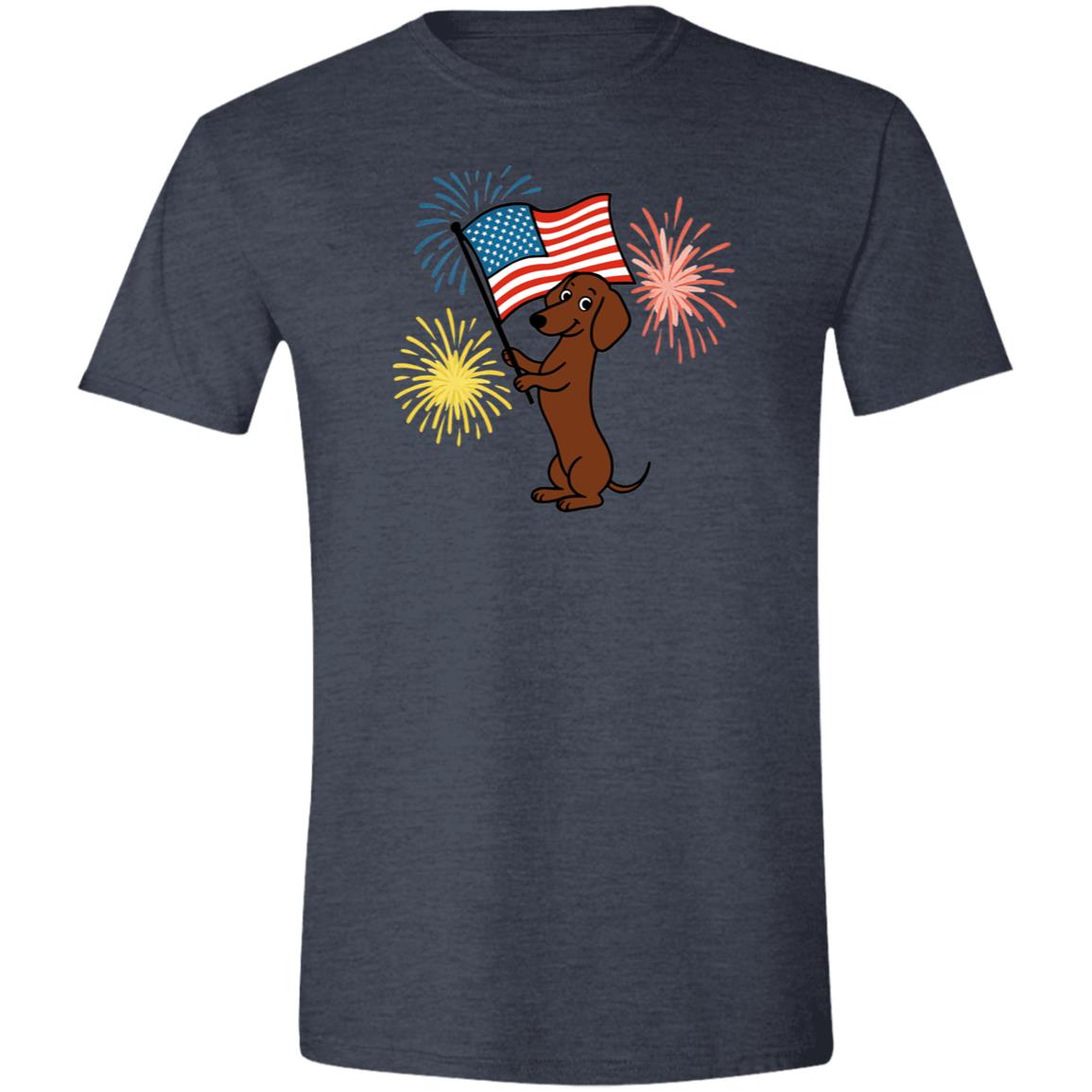 CustomCat T-Shirts Heather Navy / X-Small Dachshund Brown Smooth – Patriotic T-Shirt with American Flag & Fireworks