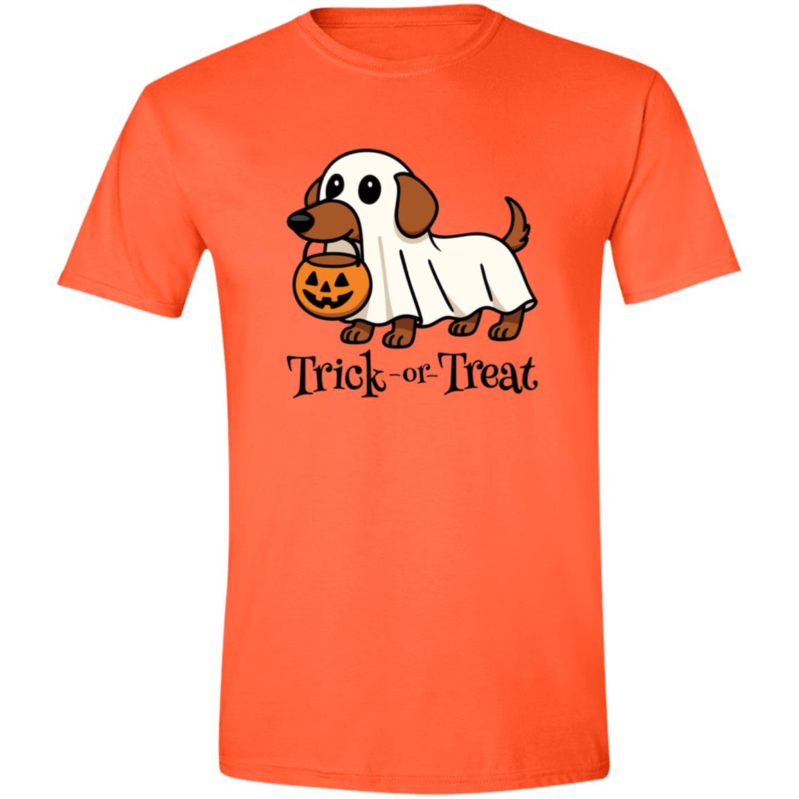CustomCat Apparel Trick or Treat / Orange / S Trick or Treat Dachshund Ghost Halloween T-Shirt