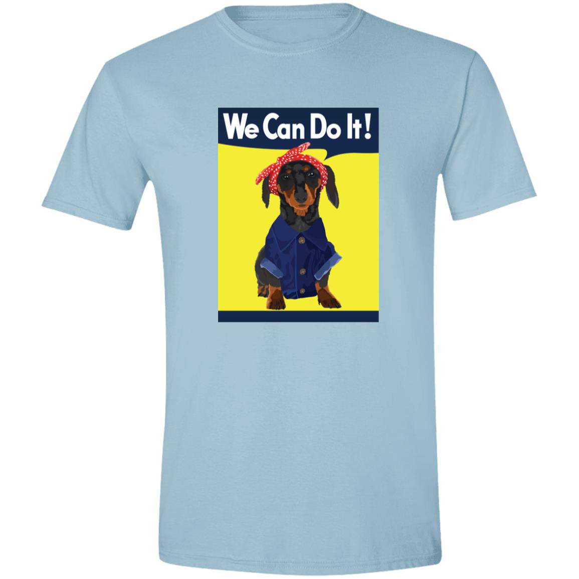 CustomCat T-Shirts Light Blue / S Dachshund Rosie the Riveter Black Tan We Can Do It T-Shirts