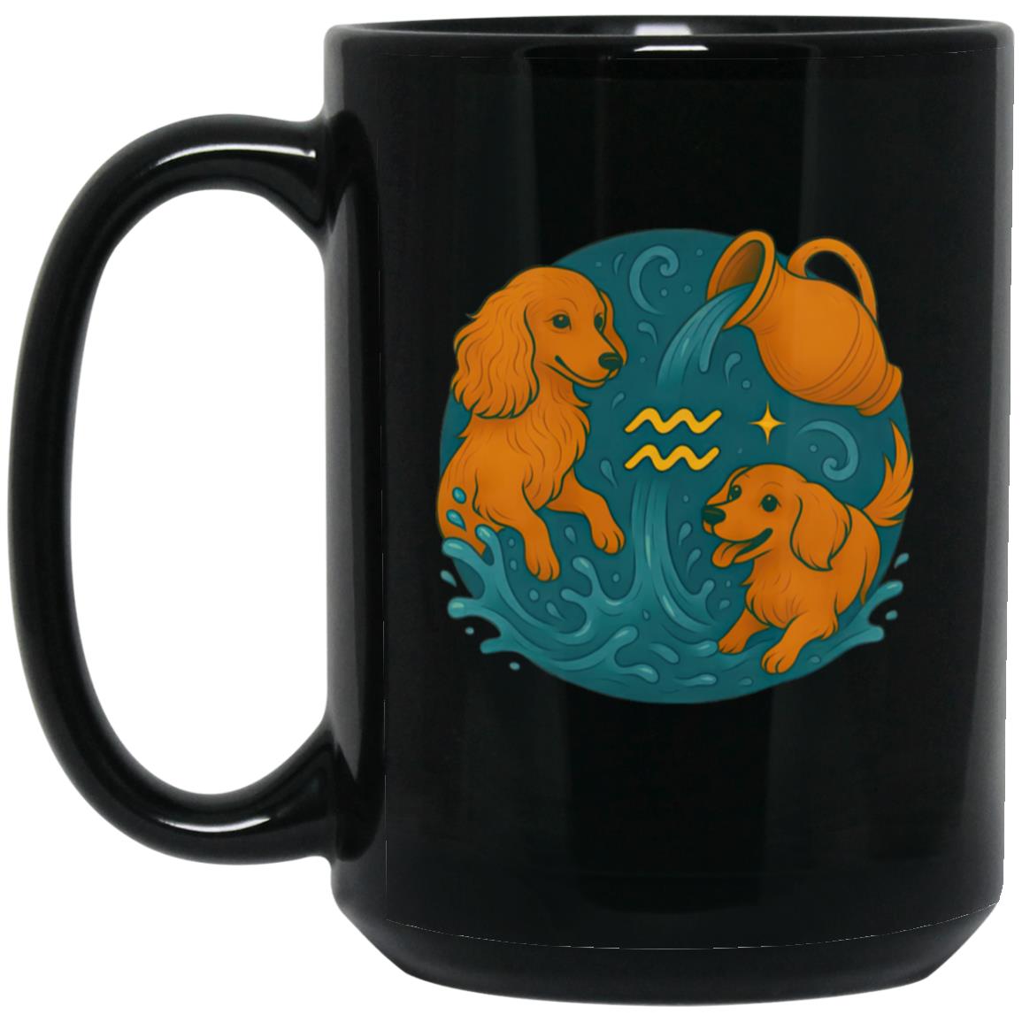 CustomCat Mugs 15oz Black Mug Aquarius Dachshund Zodiac Mugs