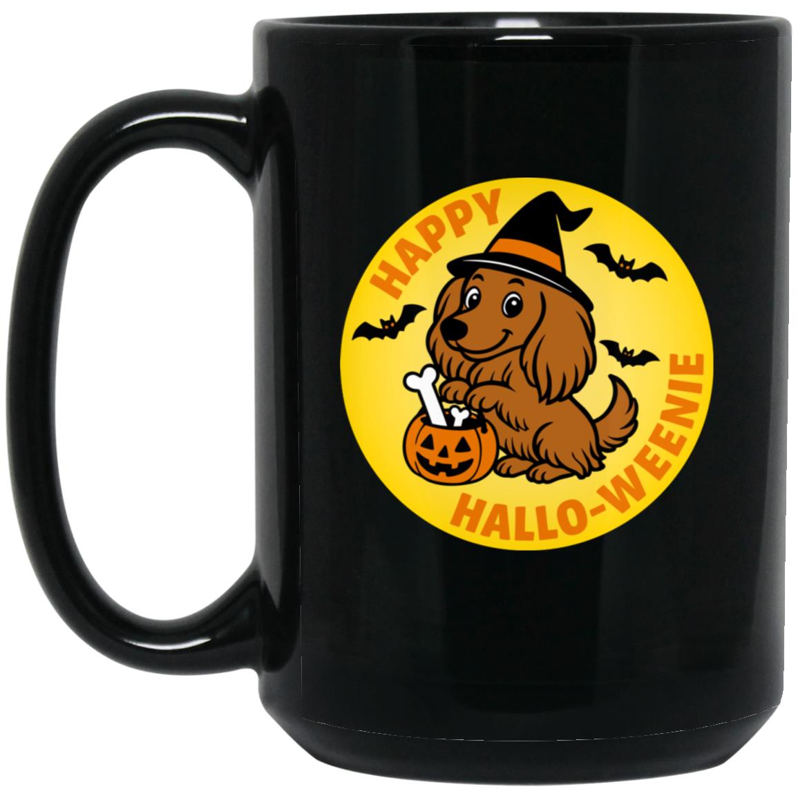 CustomCat Mugs 15oz Black Mug Halloweenie Long Hair Brown/Red Mugs