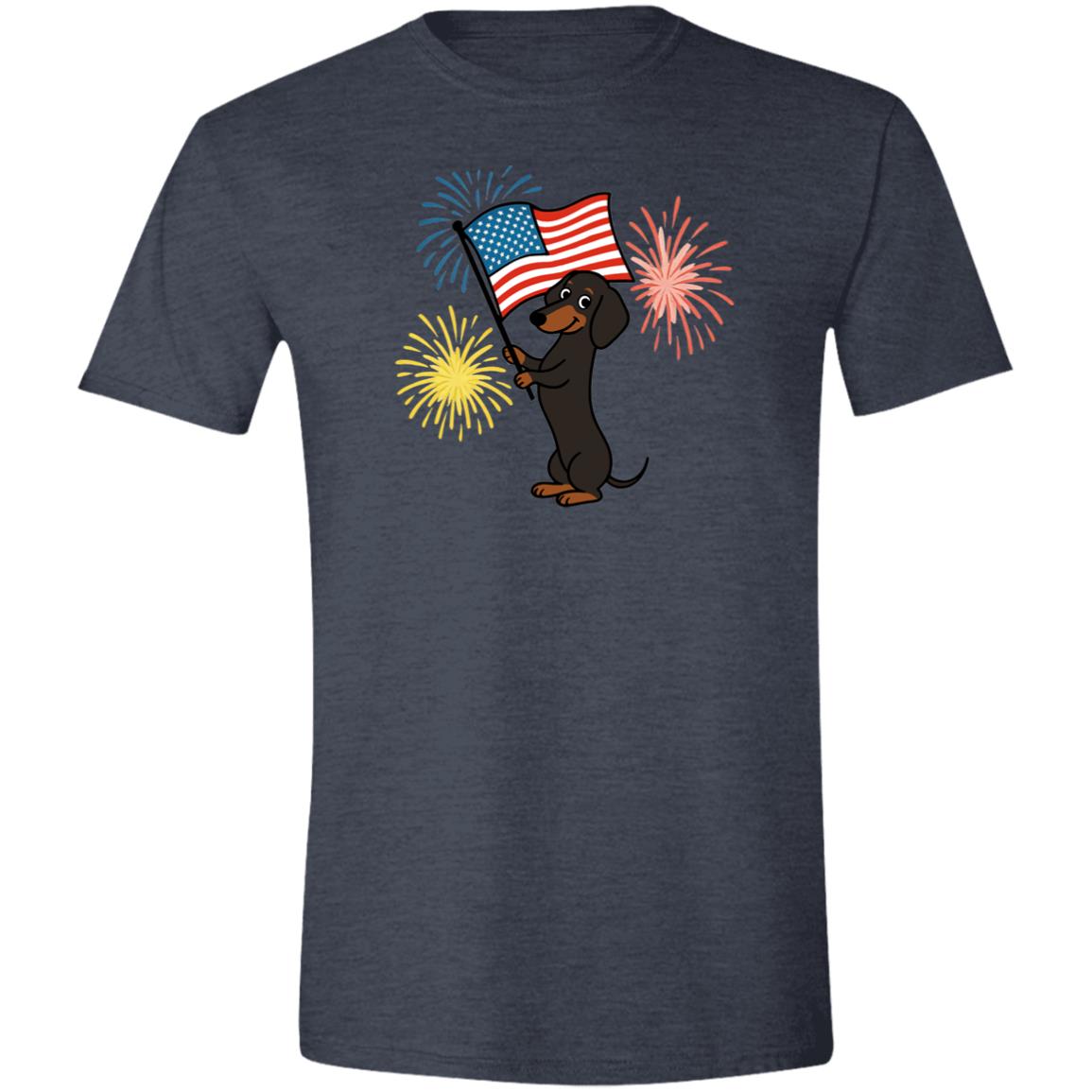 CustomCat T-Shirts Heather Navy / X-Small Dachshund Black & Tan Smooth – Patriotic T-Shirt with American Flag & Fireworks