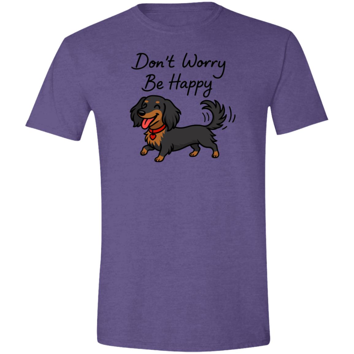 CustomCat T-Shirts Heather Purple / S Don't Worry Be Happy (Black Tan Long Hair Dachshund) T-Shirt