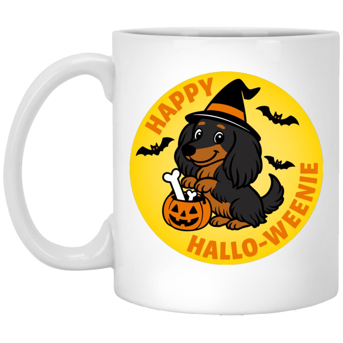 CustomCat Mugs 11oz White Mug Dachshund Halloweenie Long Hair Black/Tan Mugs