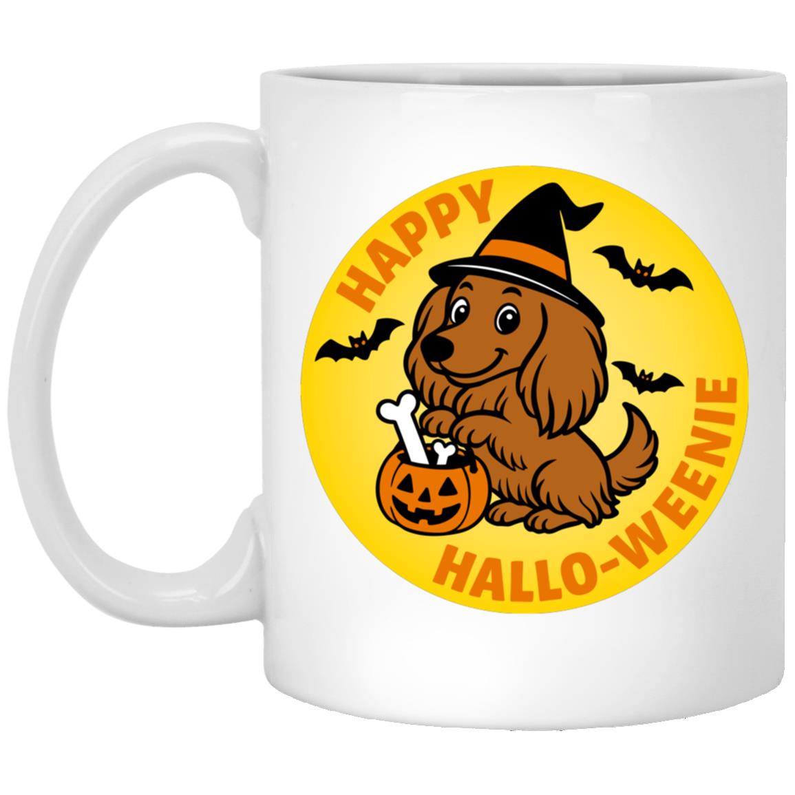 CustomCat Apparel 11 oz. White Mug / White Dachshund Halloweenie Long Hair Brown/Red Mugs
