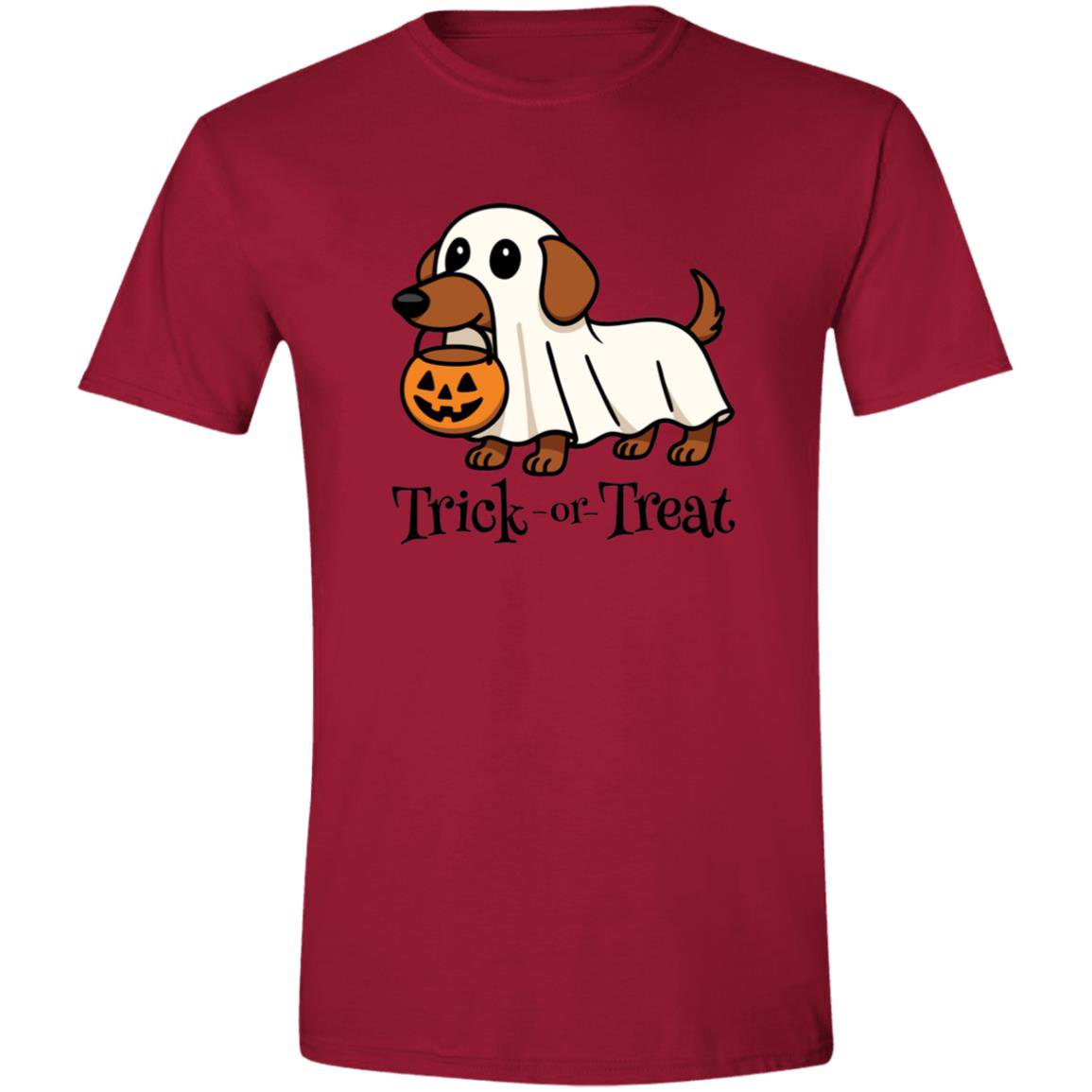 CustomCat Apparel Trick or Treat / Cardinal Red / S Trick or Treat Dachshund Ghost Halloween T-Shirt