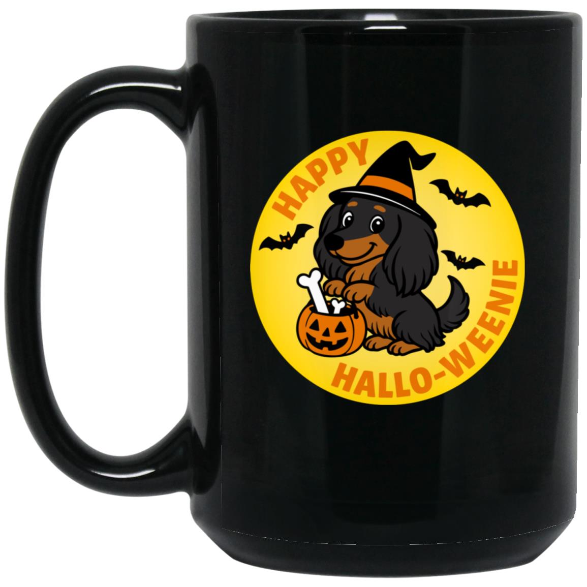 CustomCat Mugs 15oz Black Mug Dachshund Halloweenie Long Hair Black/Tan Mugs