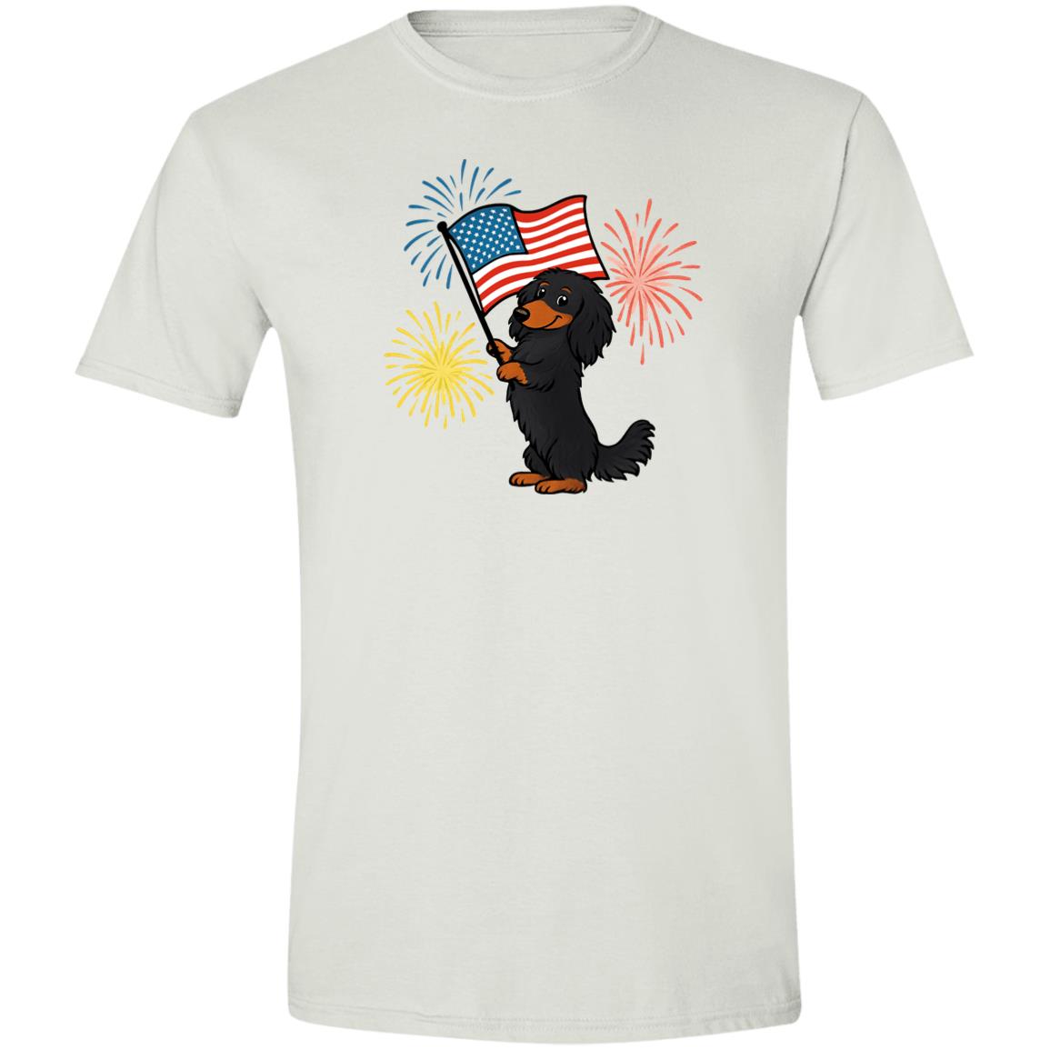 CustomCat T-Shirts White / X-Small Dachshund Black & Tan Long-haired – Patriotic T-Shirt with American Flag & Fireworks