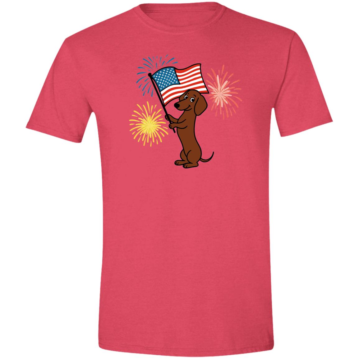 CustomCat T-Shirts Heather Red / X-Small Dachshund Brown Smooth – Patriotic T-Shirt with American Flag & Fireworks