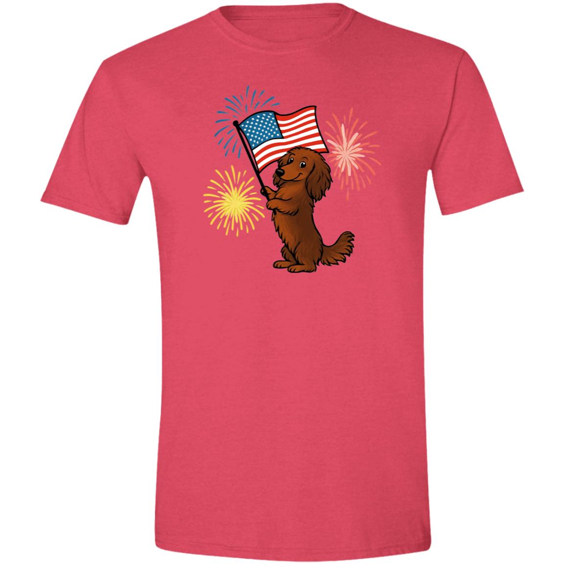 CustomCat T-Shirts Heather Red / X-Small Dachshund Brown Long-haired – Patriotic T-Shirt with American Flag & Fireworks