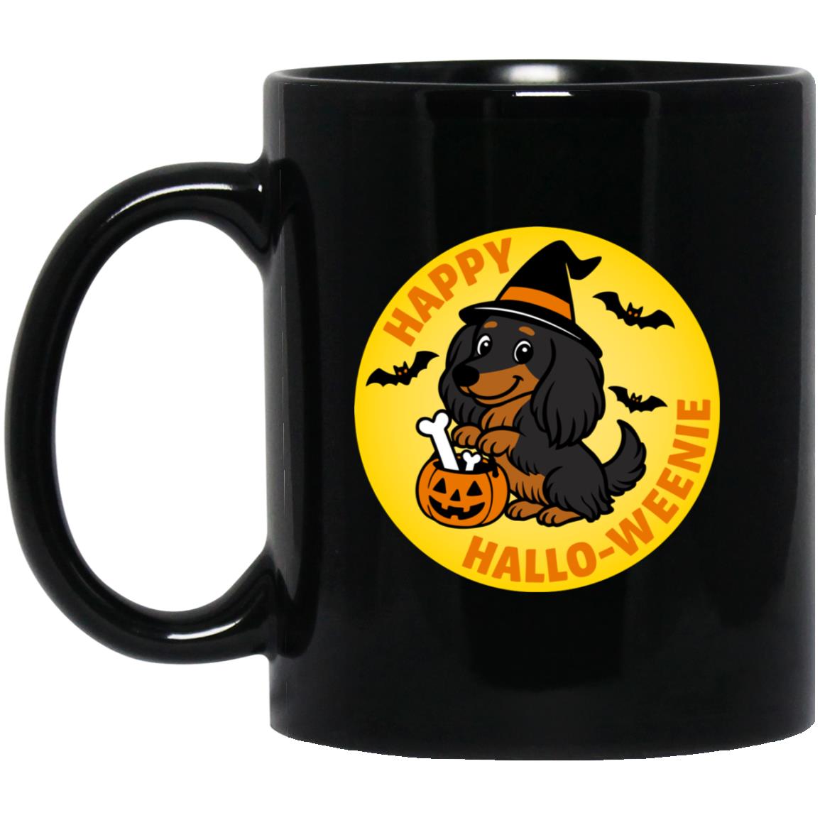 CustomCat Mugs 11oz Black Mug Dachshund Halloweenie Long Hair Black/Tan Mugs