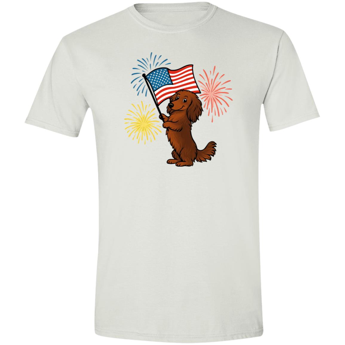CustomCat T-Shirts Sapphire / X-Small Dachshund Brown Long-haired – Patriotic T-Shirt with American Flag & Fireworks