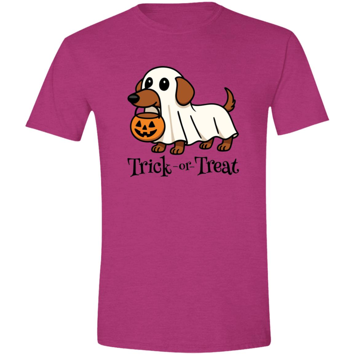 CustomCat Apparel Trick or Treat / Antique Heliconia / S Trick or Treat Dachshund Ghost Halloween T-Shirt