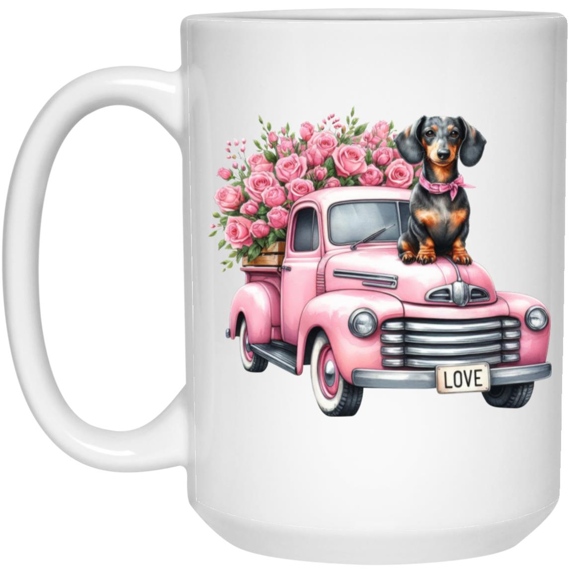 CustomCat Mugs 15 oz. White Mug / White Dachshund Love Truck Mugs