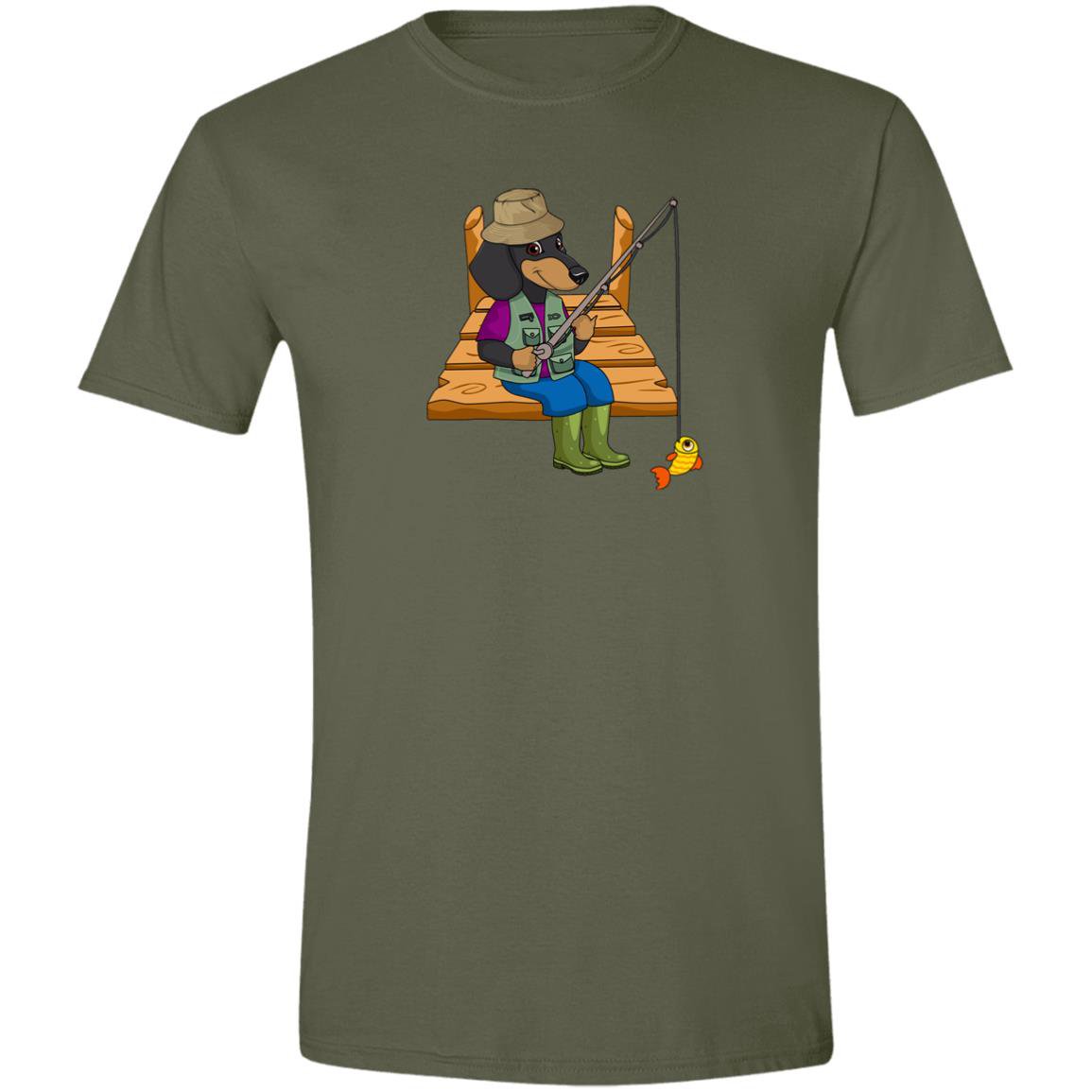 CustomCat T-Shirts Military Green / S Dachshund Gone Fishin’ T-Shirt - Black & Tan