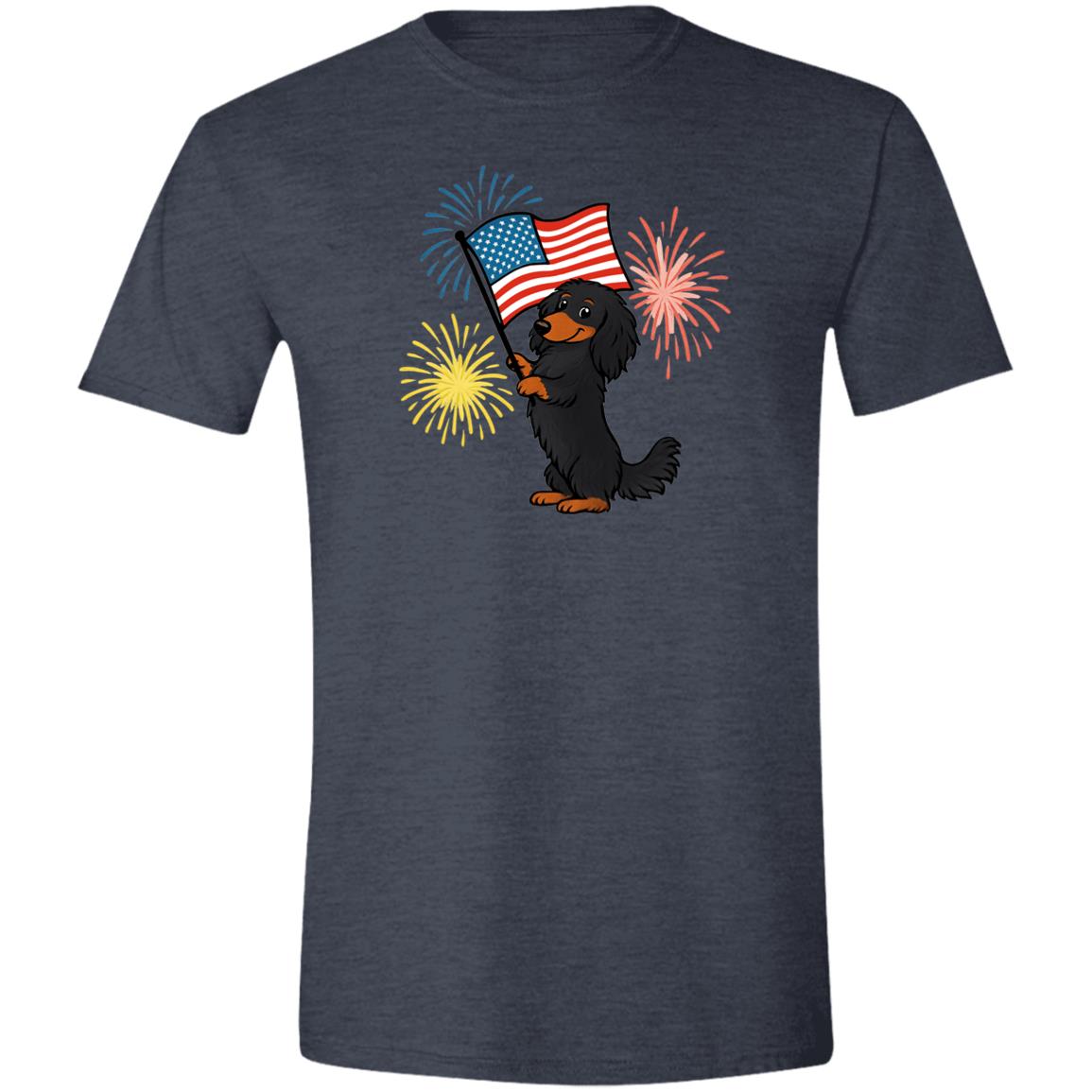 CustomCat T-Shirts Heather Navy / X-Small Dachshund Black & Tan Long-haired – Patriotic T-Shirt with American Flag & Fireworks