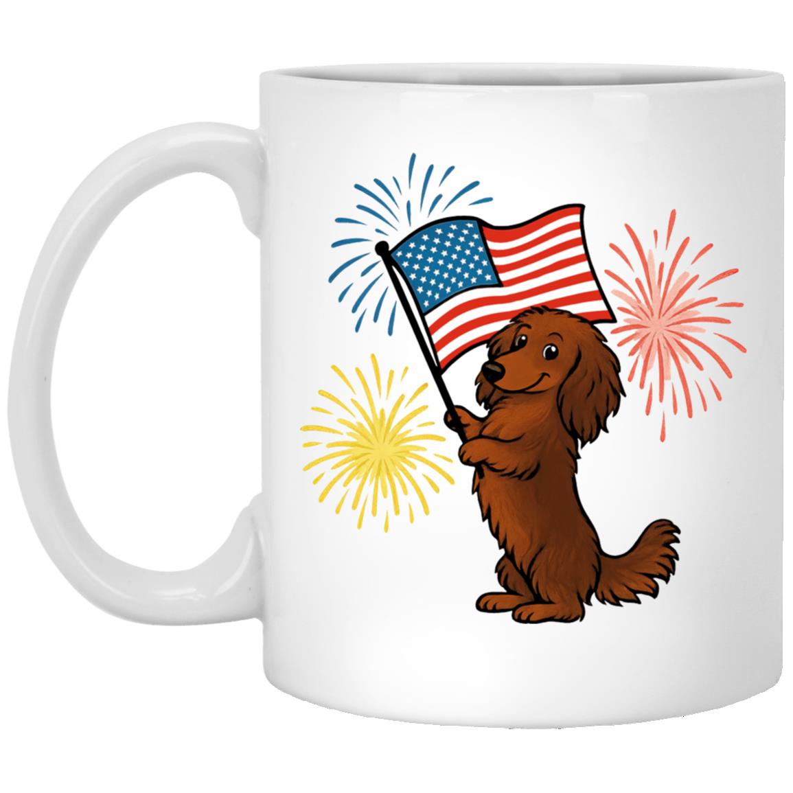 CustomCat Mugs 11oz White Mug Dachshund Brown Long-haired – Patriotic Mugs with American Flag & Fireworks