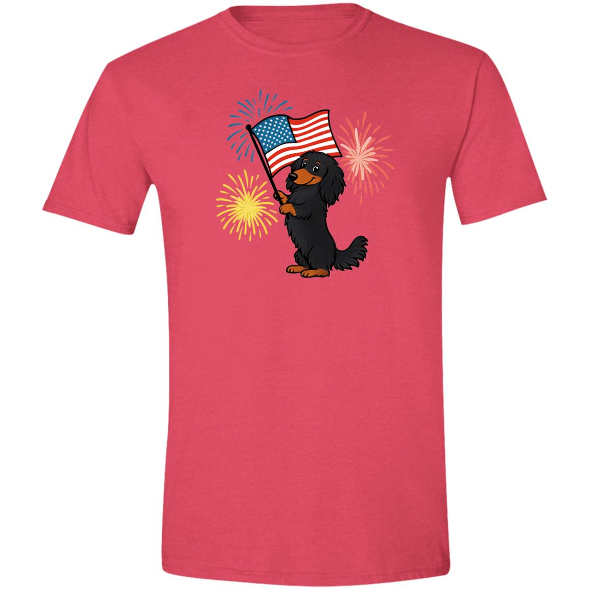 CustomCat T-Shirts Heather Red / X-Small Dachshund Black & Tan Long-haired – Patriotic T-Shirt with American Flag & Fireworks