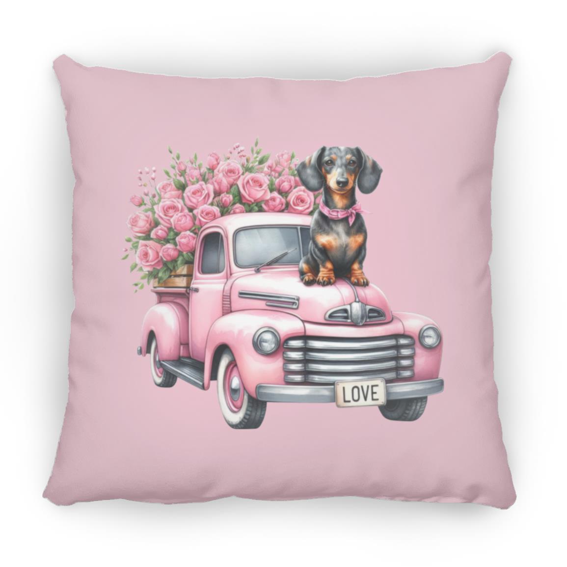 CustomCat Pillows Large Square Pillow / Pink Dachshund Love Truck Pillows