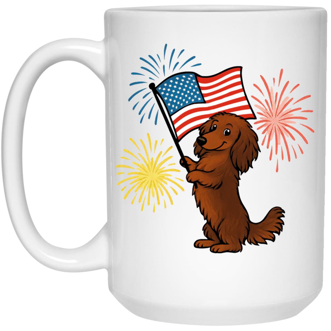 CustomCat Mugs 15oz White Mug Dachshund Brown Long-haired – Patriotic Mugs with American Flag & Fireworks