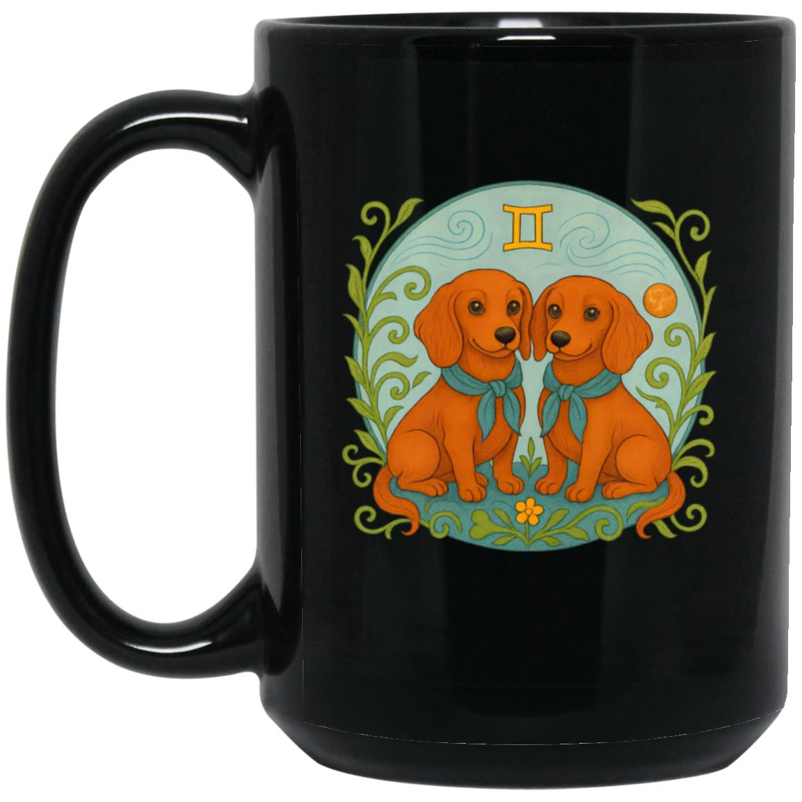 CustomCat Mugs 15oz Black Mug Gemini Dachshund Zodiac Mugs