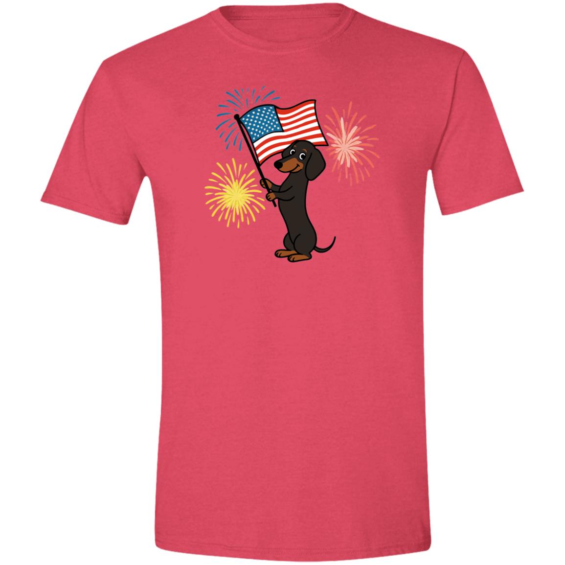 CustomCat T-Shirts Heather Red / X-Small Dachshund Black & Tan Smooth – Patriotic T-Shirt with American Flag & Fireworks