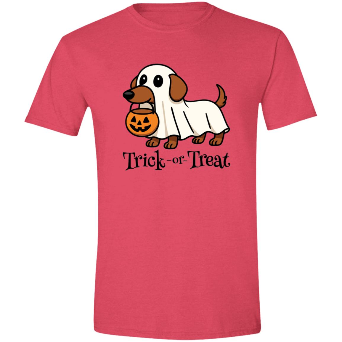CustomCat Apparel Trick or Treat / Heather Red / S Trick or Treat Dachshund Ghost Halloween T-Shirt