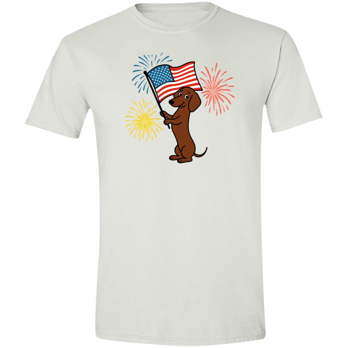 CustomCat T-Shirts Sapphire / X-Small Dachshund Brown Smooth – Patriotic T-Shirt with American Flag & Fireworks