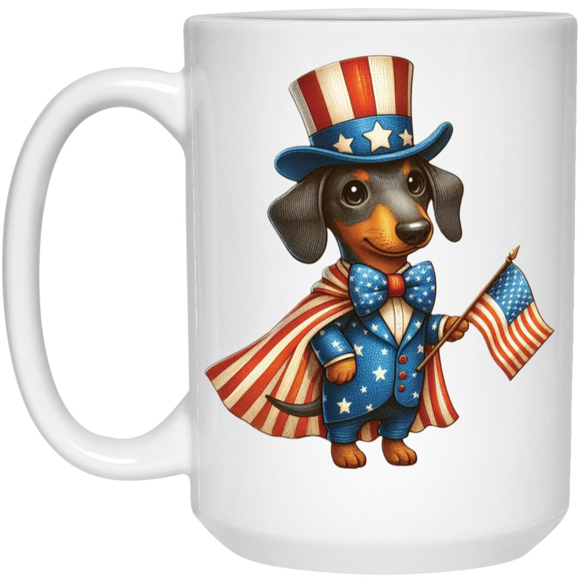 CustomCat Mugs 15oz White Mug Dachshund Black/Tan Stars & Stripes Mugs