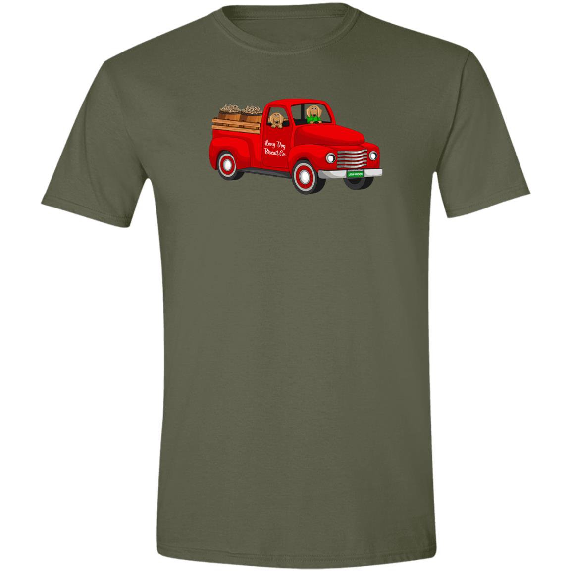 CustomCat T-Shirts Military Green / S Long Dog Biscuit Co. Classic Truck T-Shirt – Brown Dachshunds