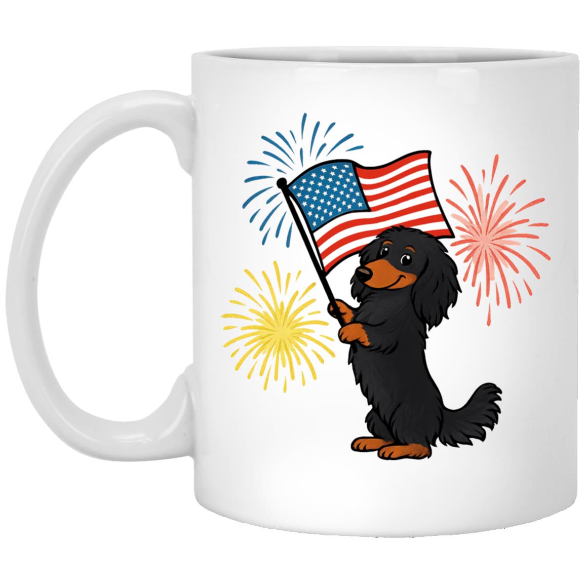 CustomCat Mugs 11oz White Mug Dachshund Black & Tan Long-haired – Patriotic Mugs with American Flag & Fireworks