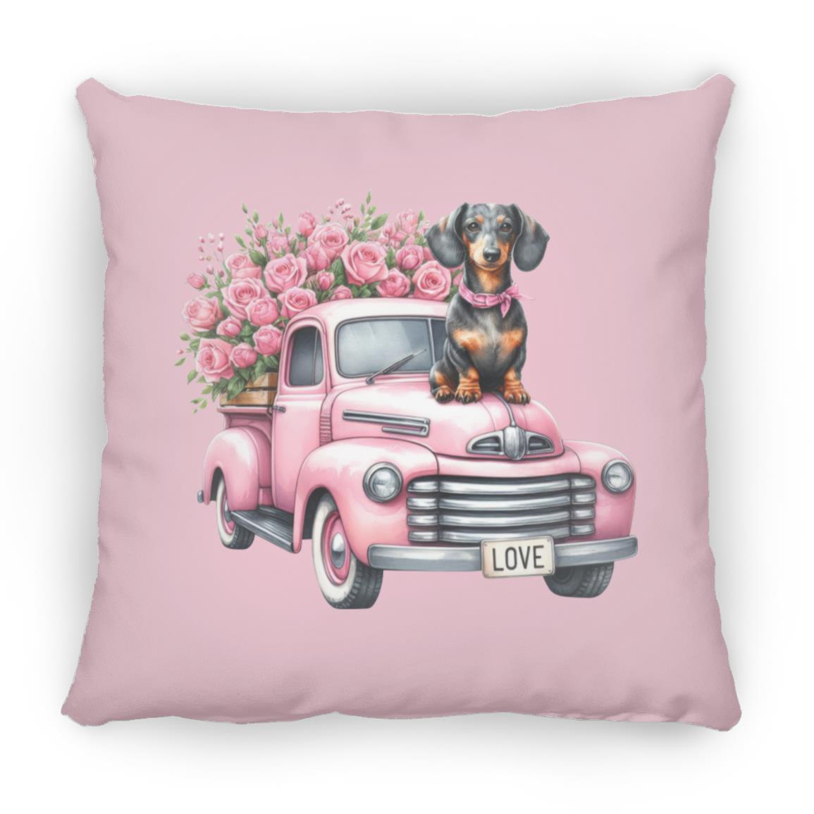 CustomCat Pillows Small Square Pillow / Pink Dachshund Love Truck Pillows