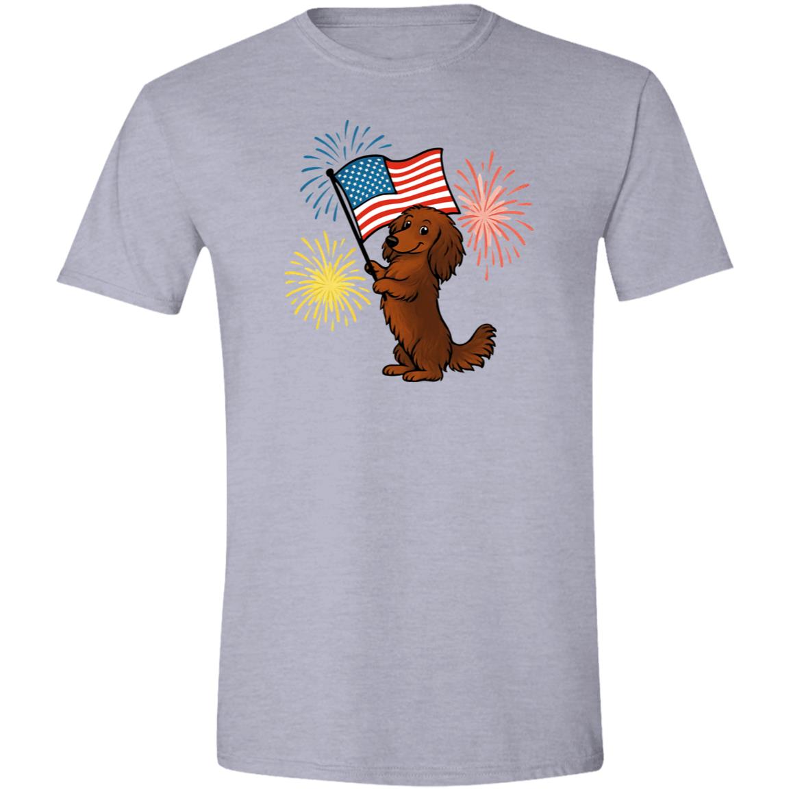 CustomCat T-Shirts Sport Grey / X-Small Dachshund Brown Long-haired – Patriotic T-Shirt with American Flag & Fireworks