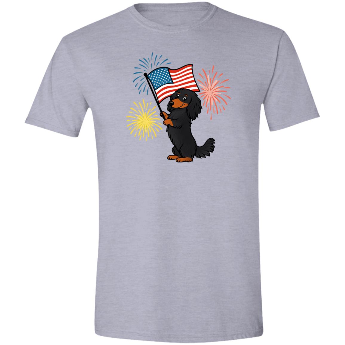 CustomCat T-Shirts Sport Grey / X-Small Dachshund Black & Tan Long-haired – Patriotic T-Shirt with American Flag & Fireworks