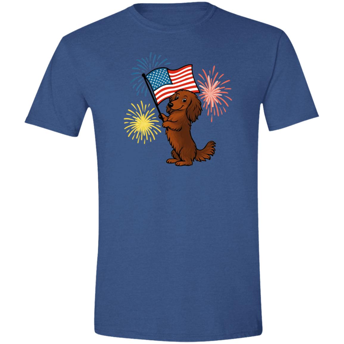 CustomCat T-Shirts Heather Royal / X-Small Dachshund Brown Long-haired – Patriotic T-Shirt with American Flag & Fireworks