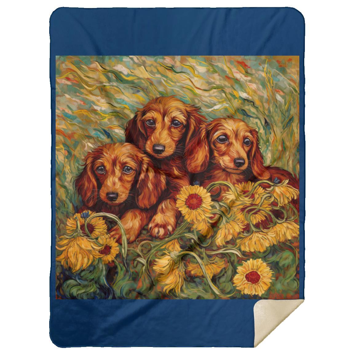 CustomCat Apparel MSHL Premium Mink Sherpa Blanket 60x80 / Royal Dachshund Puppies in a Sunflower Field Blankets