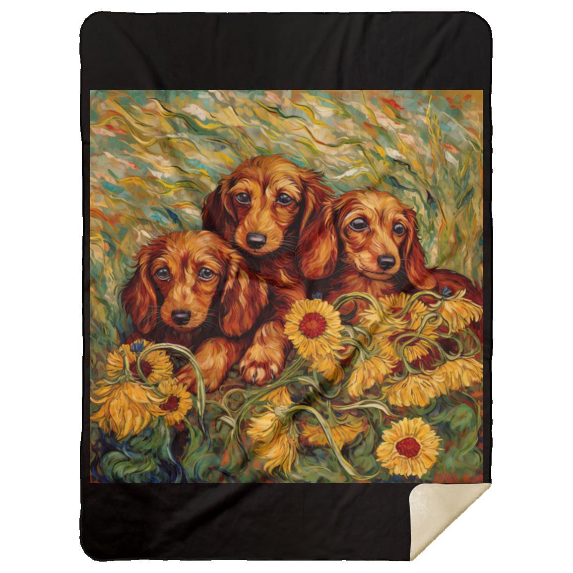 CustomCat Apparel MSHL Premium Mink Sherpa Blanket 60x80 / Black Dachshund Puppies in a Sunflower Field Blankets