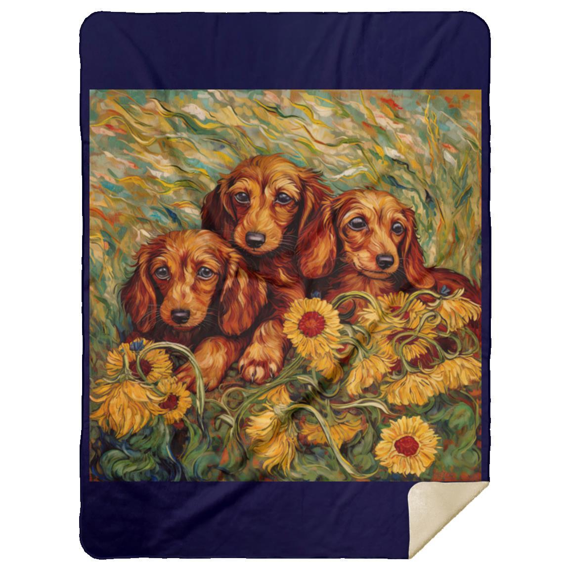 CustomCat Apparel MSHL Premium Mink Sherpa Blanket 60x80 / Navy Dachshund Puppies in a Sunflower Field Blankets