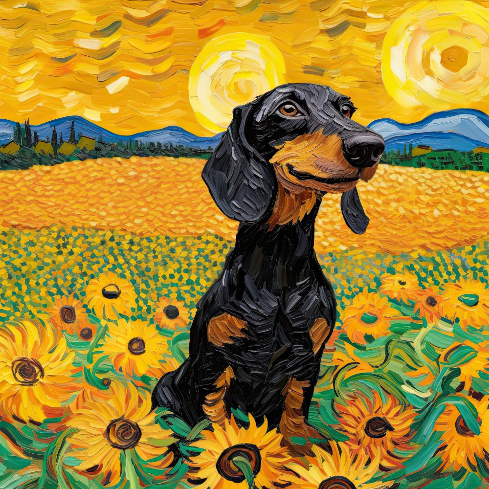 Dachshund Black and Tan in Sunflower Field Premium Canvas Wall Art