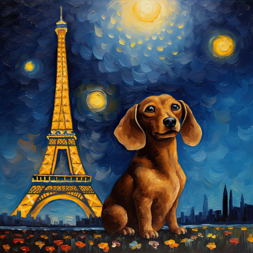 Dachshund Eiffel Tower Starry Night Premium Canvas Wall Art